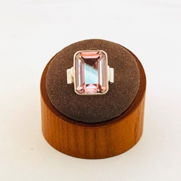 Vintage Sterling Silver 925 Ring w/ Large Pink Emerald-Cut Stone Size 6.5 - Picture 1 of 11